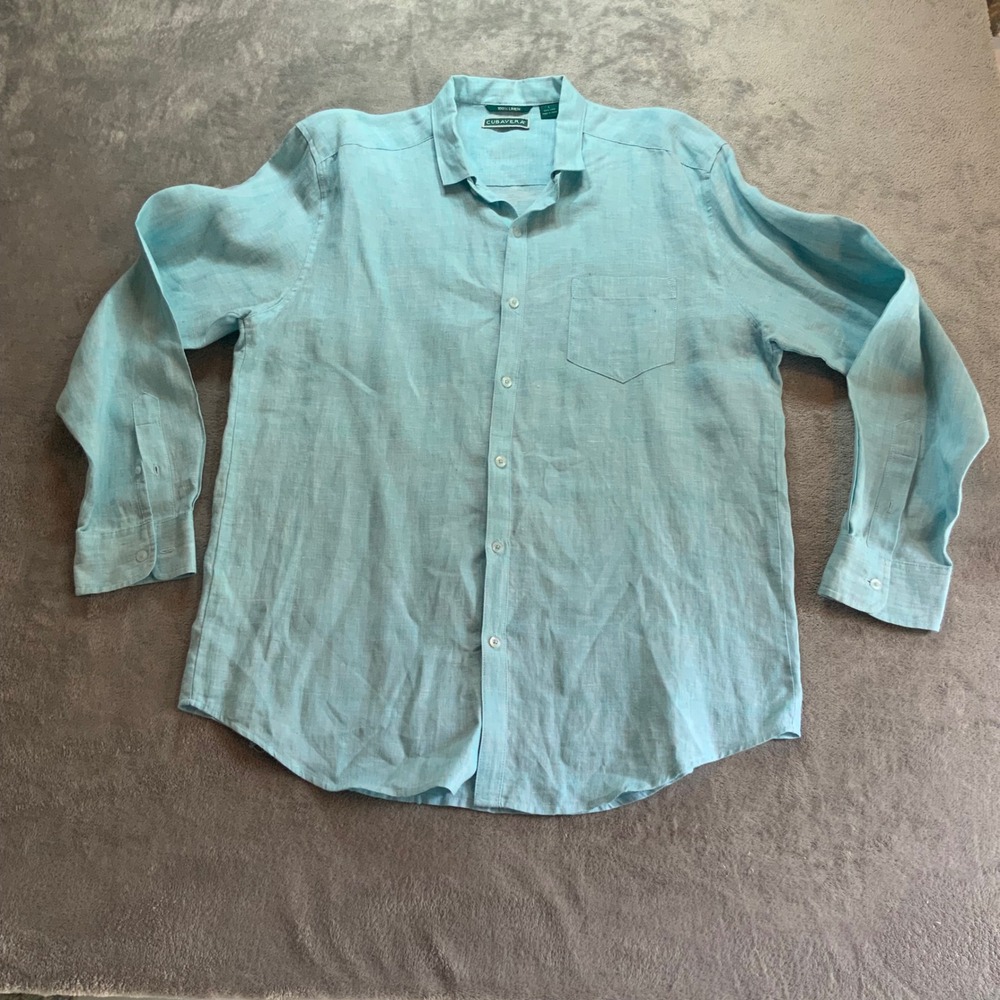 Cubavera Mens 100% Linen Long Sleeve Button Down Shirt Light Aqua Blue Large